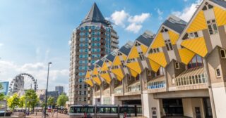 A row of iconic yellow cubic houses in the center of Rotterdam, Netherlands