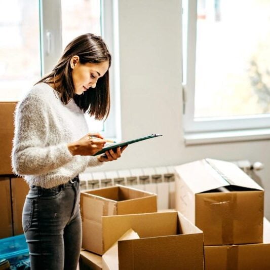 A woman standing in her home surrounded by cardboard boxes checking her moving abroad checklist