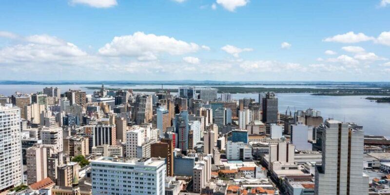 Aerial view of Porto Alegre and Guaíba river, Brazil